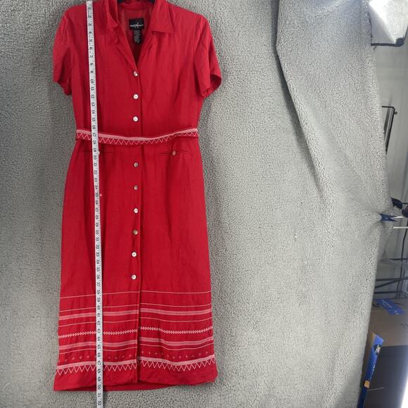 Positive Attitude Dress Womens 14 Red Linen Blend Button Front Midi Dress - Picture 4 of 15